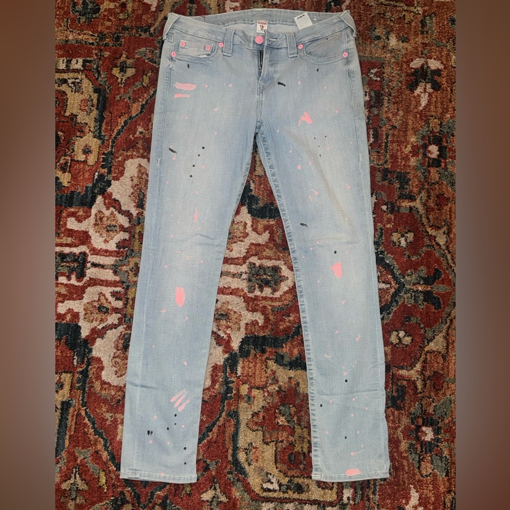 True Religion Light Blue Skinny Jeans with Pink Details